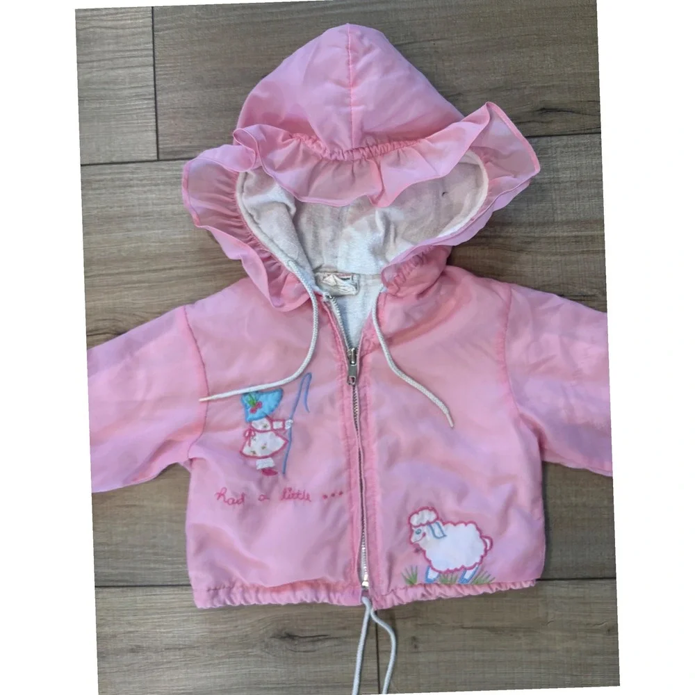 Sears Mary Had a‎ Little Lamb Windbreaker baby girl Pink Ruffle Hood vintage 6 m